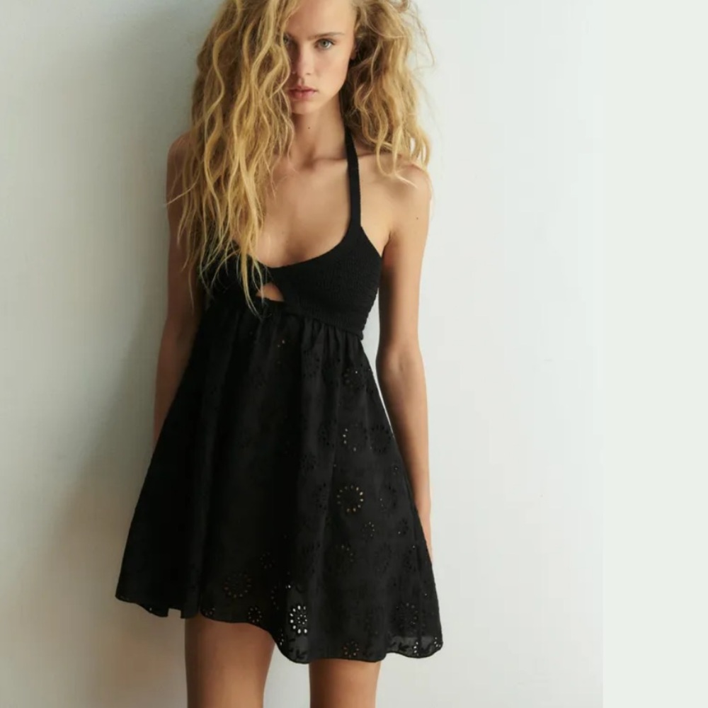 Zara KNIT DRESS WITH EMBROIDERED EYELET | M | NWOT